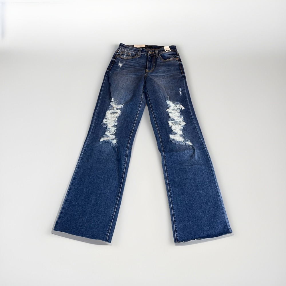 Judy Blue Mid Rise Dad‎ Jean Womens 24 Med Wash Distressed Stretch Raw Hem NWT